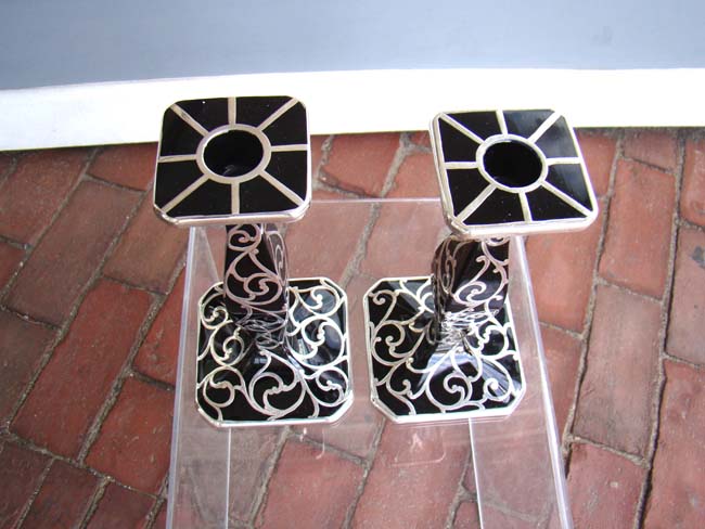A fine and rare pair of Silver overlay black glass ART DECO candlesticks circa 1910 — image 2